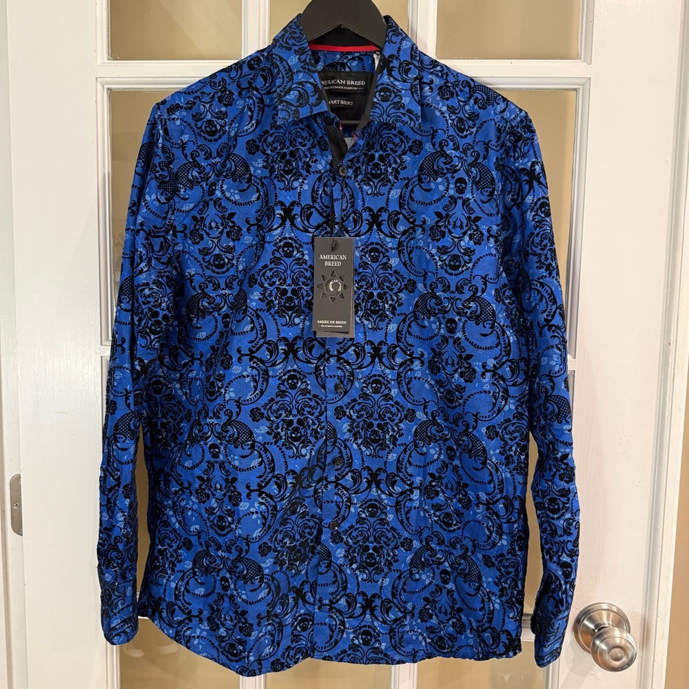 AMERICAN BREED Men’s Blue Black Floral Dress Shirt Size Medium